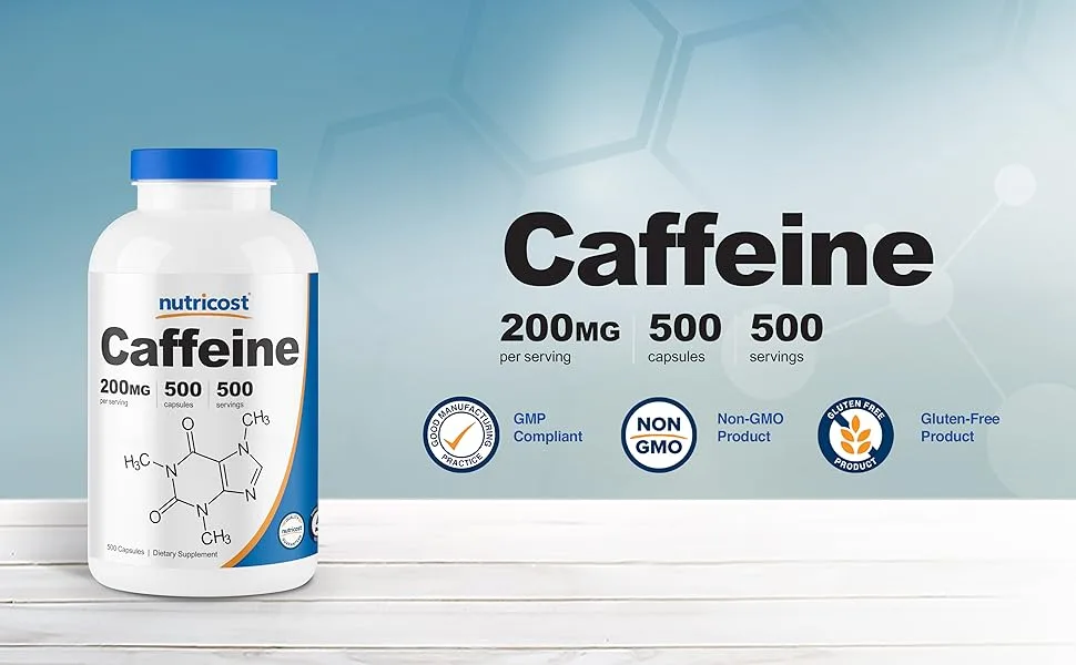 Nutricost Caffeine Pills 200mg Per Serving - 500 Capsules - caffeine capsules caps pills by Nutricost 200mg