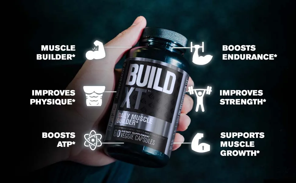 Build-XT Muscle Builder - Daily Muscle Building Supplement for Muscle Growth and Strength | Featuring Powerful Ingredients Peak02 & elevATP - 60 Veggie Pills 60 Count (Pack of 1) - features
