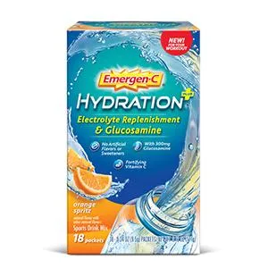 Emergen-C Hydration Plus Electrolyte Replenishment – Raspberry Splash - 18 Packets - Orange Spritz with Glucosamine