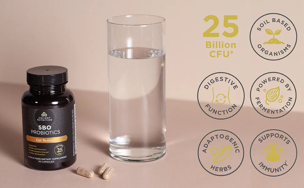 Ancient Nutrition SBO Probiotics Gut Restore 25 Billion CFUs* Per Serving - 90 Capsules - SBO gut restore