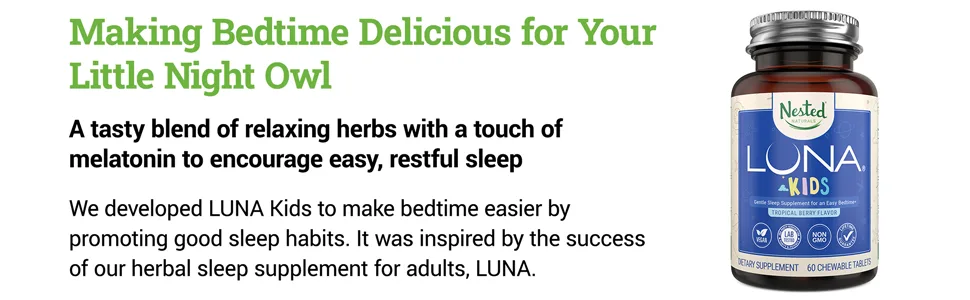 Nested Luna Kids Sleep Aid for Children & Melatonin Sensitive Adults - 60 Chewable Pills - Nested Naturals