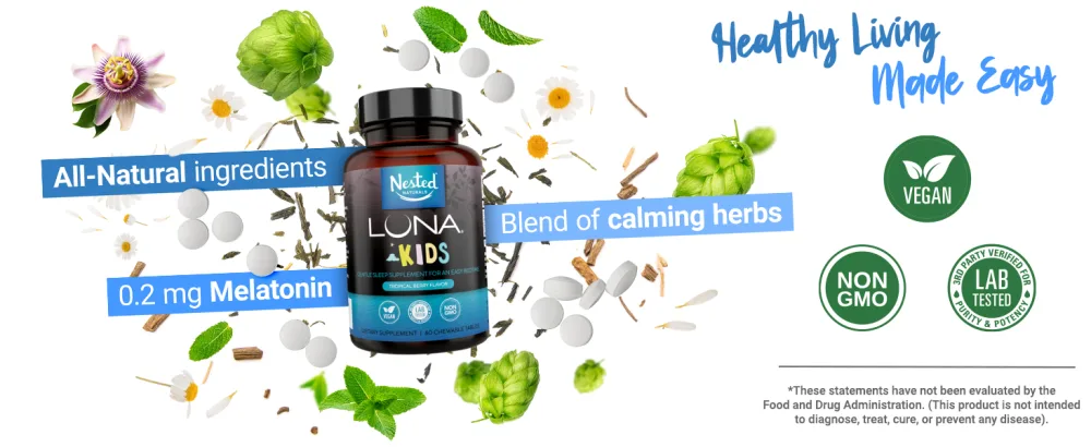 Nested Luna Kids Sleep Aid for Children & Melatonin Sensitive Adults - 60 Chewable Pills - Nested Naturals Luna
