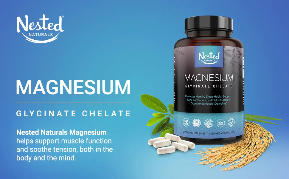 Nested Naturals Magnesium Glycinate Chelate Supplement 200 mg - 120 Capsules - Nested Naturals Magnesium