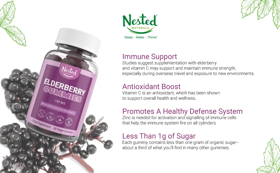 Nested Elderberry Gummies Immune System & Antioxidant Support Supplement for Adults & Kids - 60  Gummies - natural vegan elderberry zinc vitamin c gummies supplement immunity antioxidant support booster
