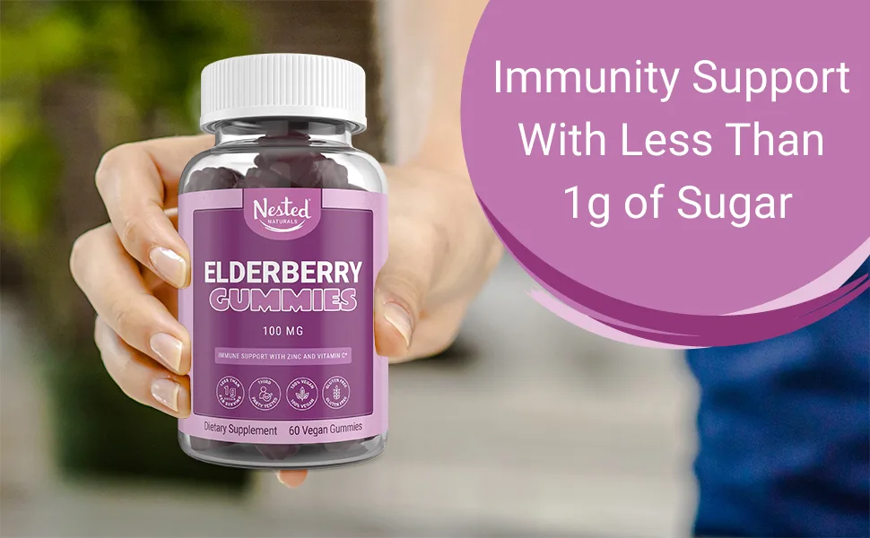 Nested Elderberry Gummies Immune System & Antioxidant Support Supplement for Adults & Kids - 60  Gummies - natural vegan elderberry zinc vitamin c gummies supplement immunity antioxidant support booster