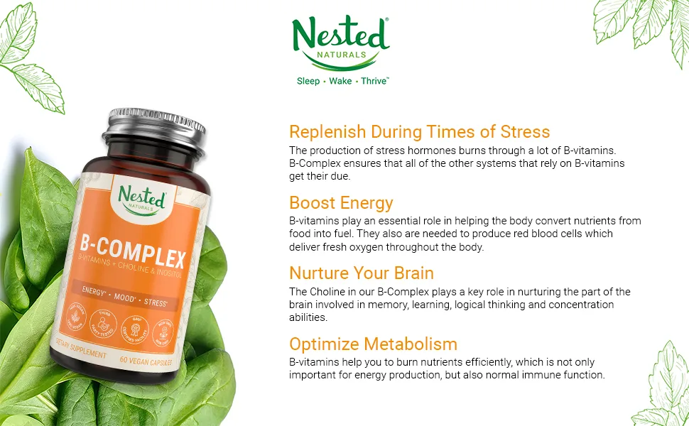 Nested  Vegan B-Complex Vitamins Plus Choline & Inositol - 60 Capsules - methylated vitamin vit b-1 b-2 b-3 b-5 b-6 b-7 b-12 b-17 b-9 choline inositol b-complex supplement