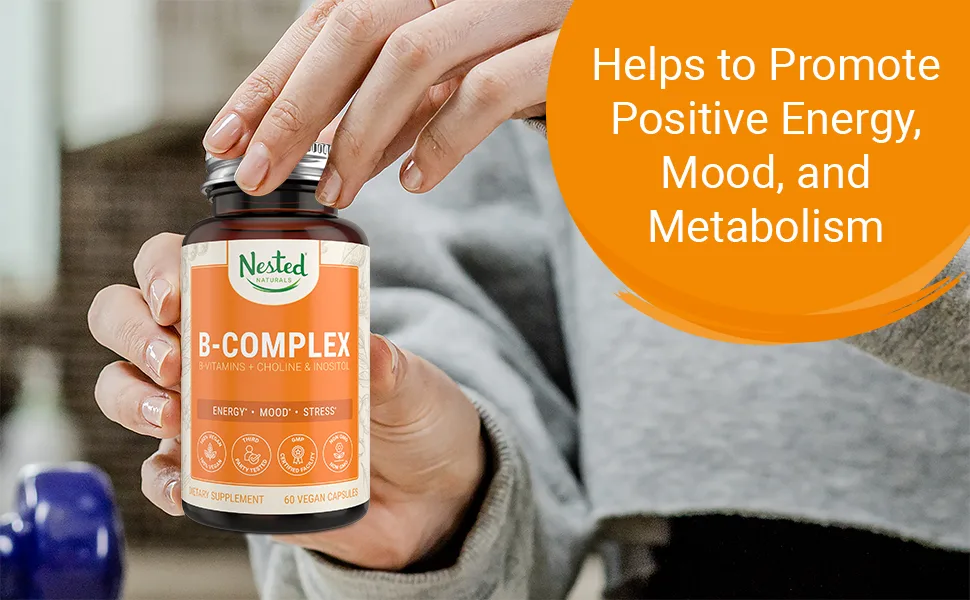 Nested  Vegan B-Complex Vitamins Plus Choline & Inositol - 60 Capsules - methylated vitamin vit b-1 b-2 b-3 b-5 b-6 b-7 b-12 b-17 b-9 choline inositol b-complex supplement