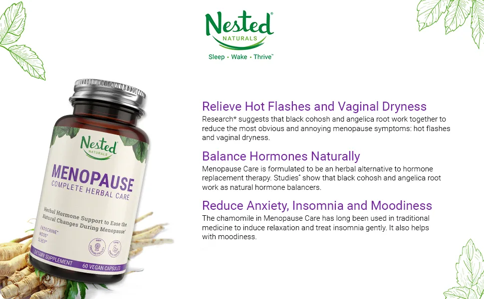 Nested Natural Menopause Complete Herbal Care Supplement for Women - 60 Capsules - natural hot flash menopause relief capsule vitamin supplement woman mood sleep hormone balance