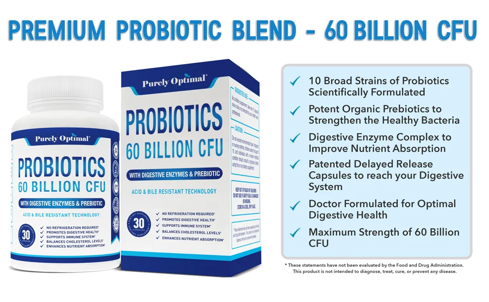 PURELY OPTIMAL Premium Probiotics 60 Billion CFU - 30 Capsules - Purely Optimal Probiotics Benefits