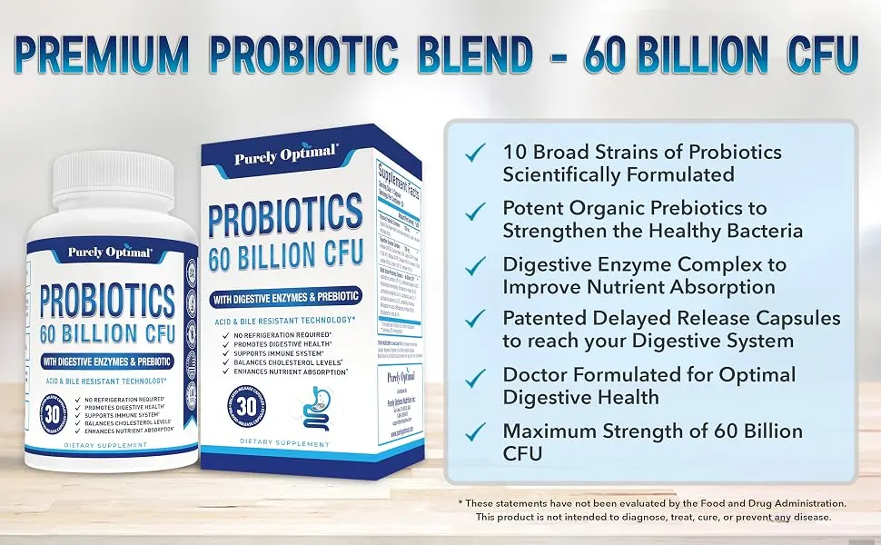 PURELY OPTIMAL Premium Probiotics 60 Billion CFU - 30 Capsules - Purely Optimal Probiotics Benefits