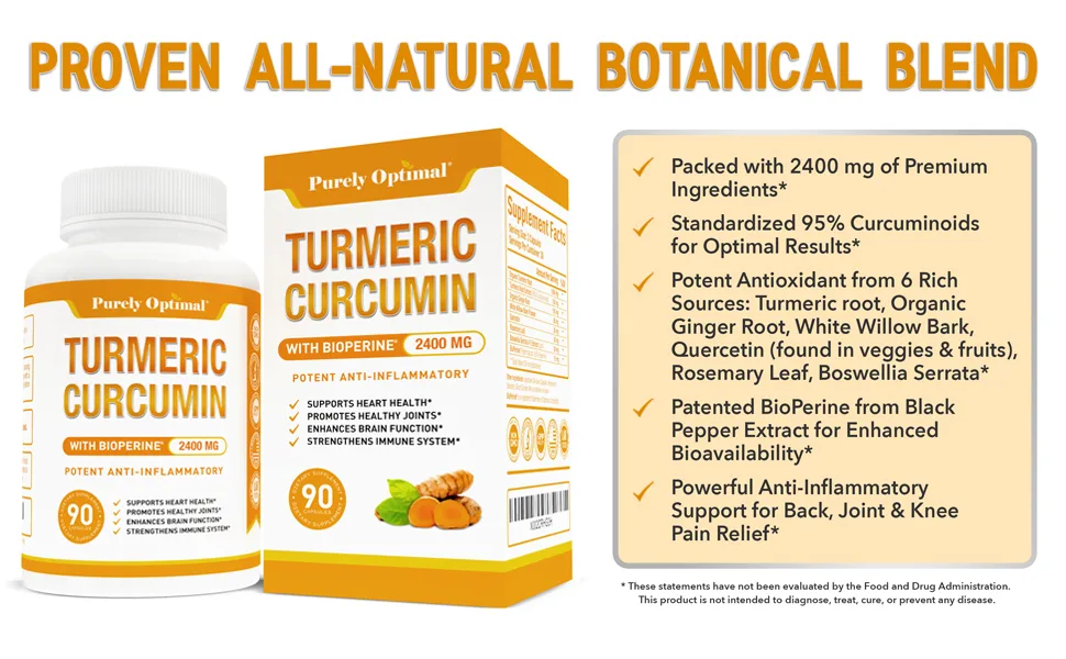 PURELY OPTIMAL Premium Turmeric Curcumin with Bioperine 2400MG - 90 Capsules - Turmeric curcumin capsules