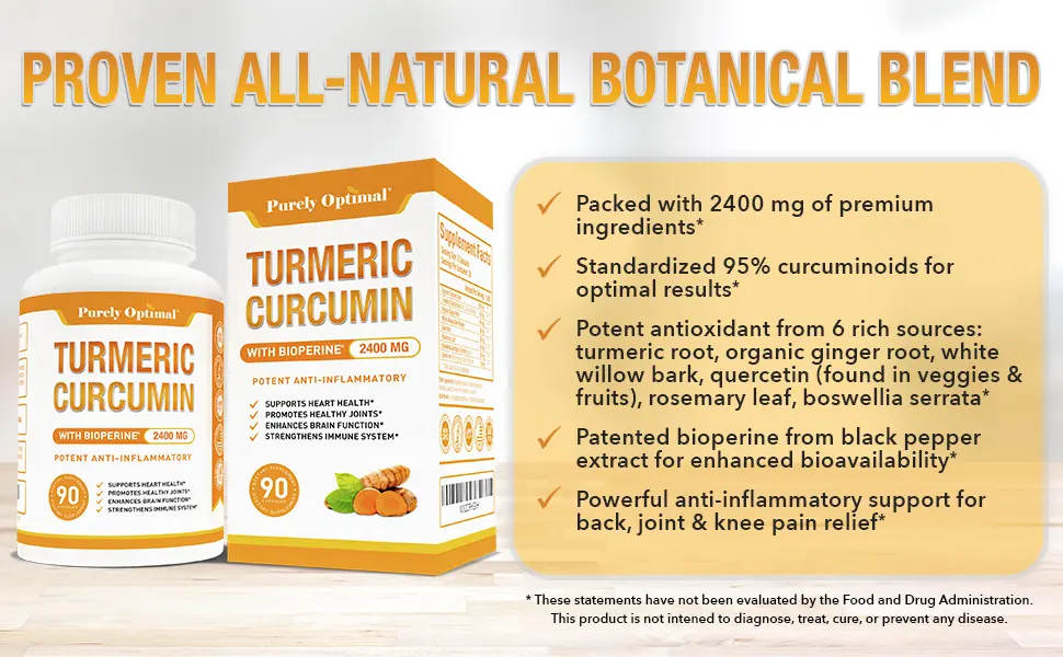 PURELY OPTIMAL Premium Turmeric Curcumin with Bioperine 2400MG - 90 Capsules - Turmeric curcumin capsules