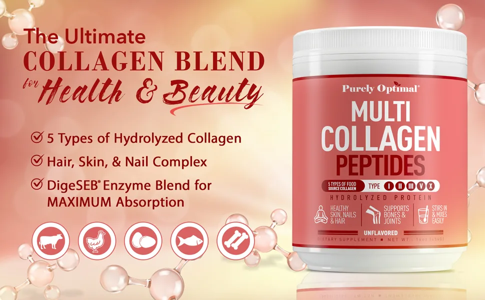 PURELY OPTIMAL Premium Multi Collagen Powder - 42 Servings - Multi Collagen Powder