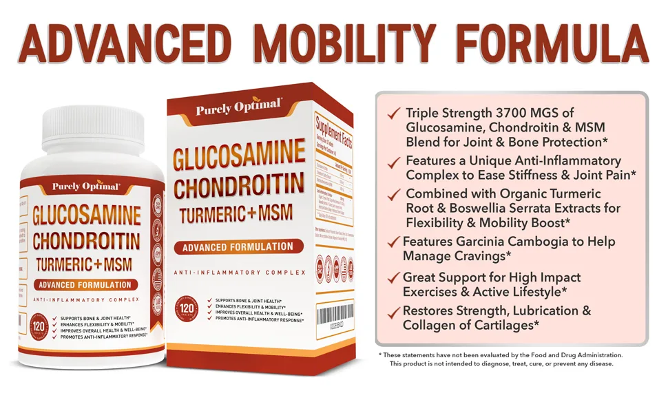 PURELY OPTIMAL Premium Glucosamine Chondroitin MSM Supplement - 120 Capsules - Purely Optimal Glucosamine Supplement