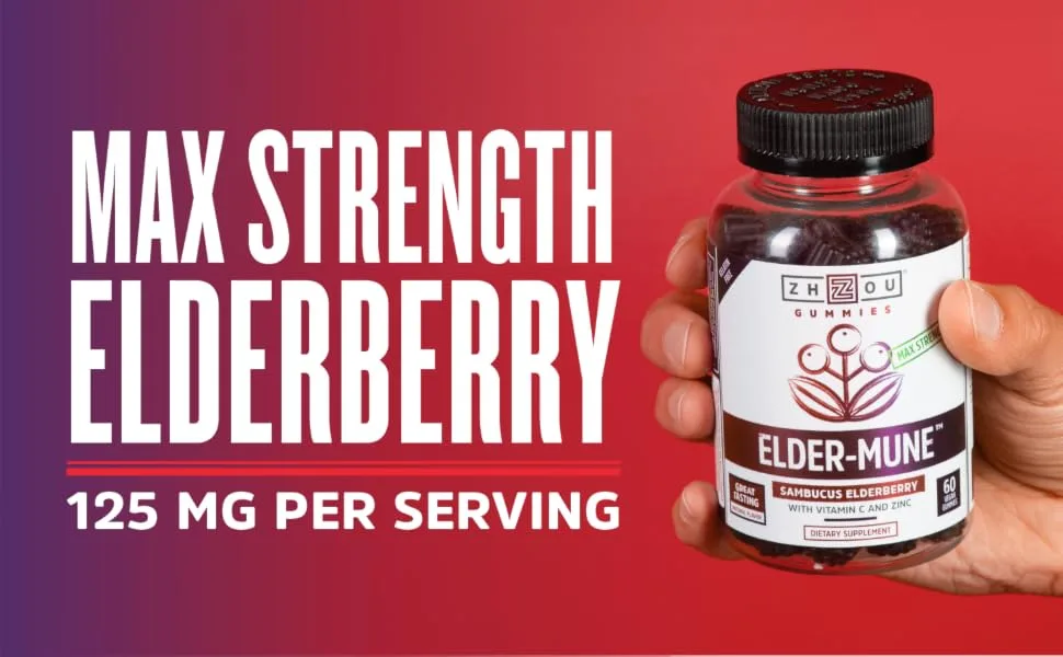 Zhou Elder-Mune Sambucus Elderberry Gummies - 60 Gummies - Zhou Elder-Mune Sambucus Elderberry Gummies Antioxidant Flavonoids Immune Support Zinc Vitamin C