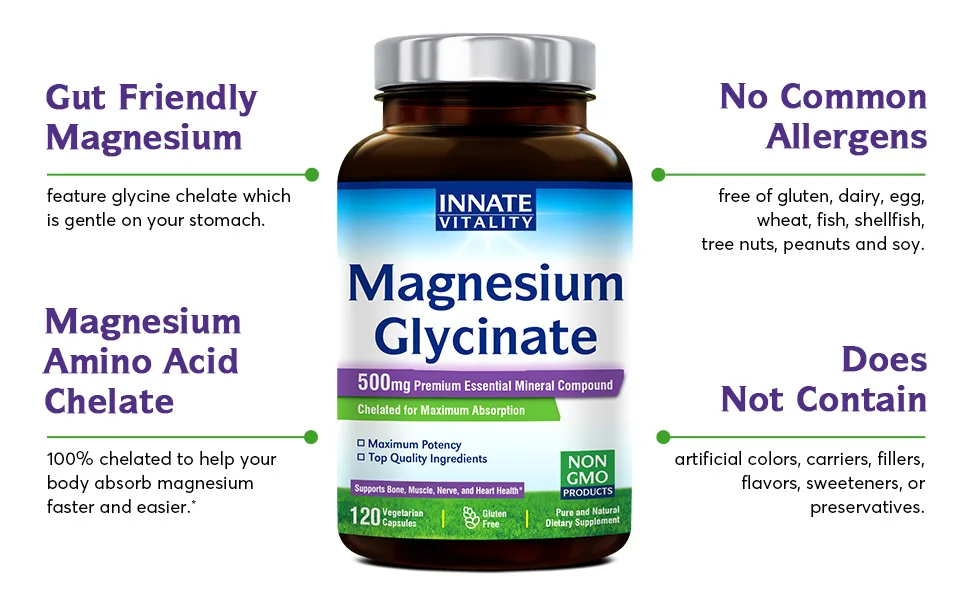 Innate Vitality Magnesium Glycinate 500mg 70mg Elemental Magnesium per Cap High Absorption Non-GMO No Gluten Nerve Muscle Bone Heart Health 120 Veggie Capsules - Innate Vitality Magnesium Glycinate capsule is easy to swallow and gentle on the stomach.