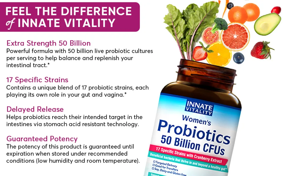Innate Vitality Women's Probiotics 50 Billion CFUs - 60 Capsules - 50 billion delayed release acid resistant guaranteed potency